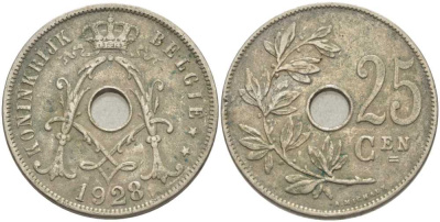 БЕЛЬГИЯ 25 САНТИМОВ 1928 BELGIE, АЛЬБЕРТ I (1909-1934) KM 69 медно-никель 119-346