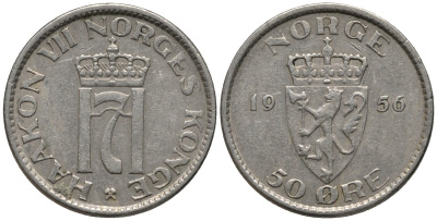Норвегия 50 эре 1956 Хокон VII (1905-1957) KM 402 медно-никель 4577-747