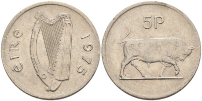 Ирландия 5 пенсов 1975 бык KM 22 медно-никель 4561-1153