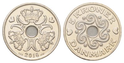 Дания 5 крон 2016 Маргрете II (1972-2024) KM 869 медно-никель UNC 119-117