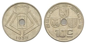 Бельгия 10 сантимов 1938 Belgique - Belgie, Леопольд III (1934-1947) KM 112 никель латунь 4640-1263