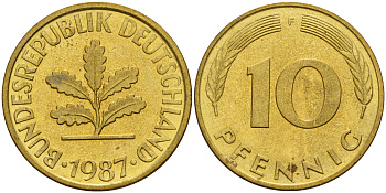 ФРГ 10 пфеннигов 1987 F J. 383, KM 108 сталь плакированная латунью    4603-545