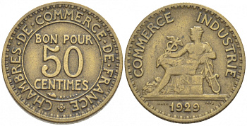 ФРАНЦИЯ 50 САНТИМОВ 1929 KM 884 алюминиевая бронза 3309-1029
