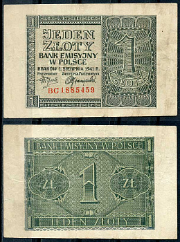 Польша 1 злотый 1941 1 августа 1941, Эмиссионный банк в Польше (немецкая оккупация) Pick 99 бумага 8607-84-1-2