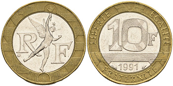 Франция 10 франков 1991 тип гений Бастилии KM 964.1, Le Frank 375.6 биметалл 4606-717