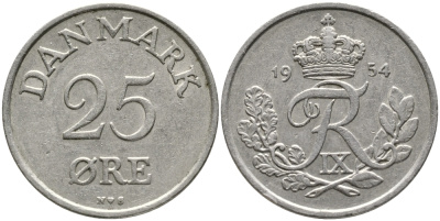 Дания 25 эре 1954 N; S, Фредерик IX (1947-1972) KM 842.1 медно-никель 28-1117