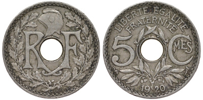 Франция 5 сантимов 1920 KM 865 медно-никель 4164-263