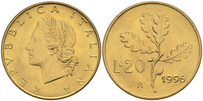 Италия 20 лир 1996 R, дубовый лист KM 97.2 алюминиевая бронза  UNC  4594-1046
