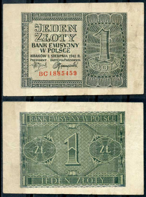 Польша 1 злотый 1941 1 августа 1941, Эмиссионный банк в Польше (немецкая оккупация) Pick 99 бумага 8607-84-1-2