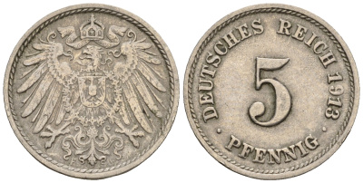 Германия 5 пфеннигов 1913 F, KM 11, J. 12 медно-никель 220-653