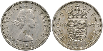 Великобритания 1 шиллинг 1962 Елизавета II (1952-2022), Английский герб KM 904, Spink 4147 медно-никель 4171-624