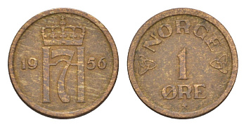 Норвегия 1 эре 1956 Хокон VII (1905-1957) KM 398 бронза aUNC 4632-1067