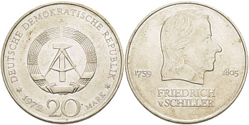 ГДР 20 марок 1972 А, Фридрих Шиллер (1759-1805) KM 40 медно-никель 4521-625