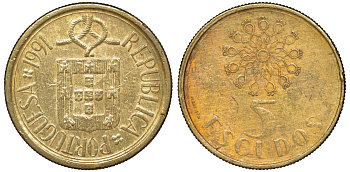 Португалия 5 эскудо 1991 KM 632 никель латунь 51-1732