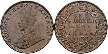 Британская Индия 1/4 анна 1936 Георг V (1910-1936) KM 512 бронза UNC 94-255