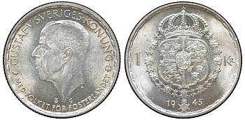 Швеция 1 крона 1945 G, Густав V (1907-1950) KM 814 серебро 4178-713