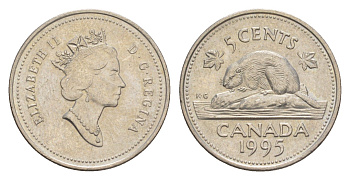 Канада 5 центов 1995 Елизавета II (1952-2022), бобр KM 182 медно-никель 4639-523