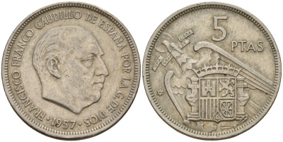 Испания 5 песет 1957 (71) Франсиско Франко (1939 - 1975) KM 786 медно-никель 4187-1133