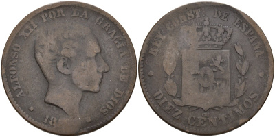 Испания 10 сентимо ND (1877-1879) Альфонсо XII (1875 - 1885) KM 675 бронза 4155-157