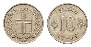 Исландия 10 эйре 1966 KM 10 медно-никель aUNC 4690-718