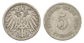 Германия 5 пфеннигов 1900 E, Вильгельм II (1888-1918) KM 11, J. 12 медно-никель 4632-1129