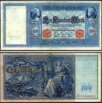 Германия 100 марок 1910 21 апреля 1910, красная печать, Меркурий и Церера, белая бумага Pick 42 (1) бумага 7191-42-2-2