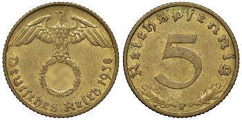 Германия 5 рейхспфеннигов 1938 F KM 91, J. 363 алюминиевая бронза 4121-712
