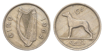 Ирландия 6 пенсов 1964 собака, ирландский волкодав KM 13a медно-никель 4687-936