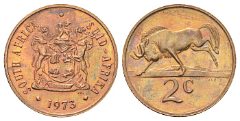 ЮАР 2 цента 1973 герб, антилопа гну KM 83 бронза UNC 4695-1036