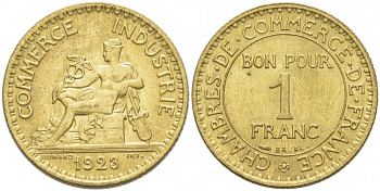 ФРАНЦИЯ 1 ФРАНК 1923 CHAMBRES DE COMMERCE KM 876, LE FRANC 218.5 алюминиевая бронза UNC 77-914