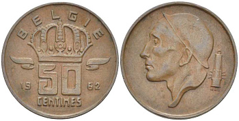 БЕЛЬГИЯ 50 САНТИМОВ 1962 BELGIE, БОДУЭН I (1951-1993) KM 149.1 бронза 214-165