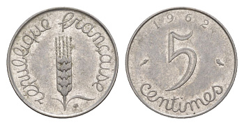 Франция 5 сантимов 1962 пятая республика KM 927, Le Franc 124.4 нержавеющая сталь aUNC 4630-316
