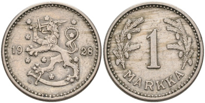 ФИНЛЯНДИЯ 1 МАРКА 1928 S KM 30 медно-никель 4563-625