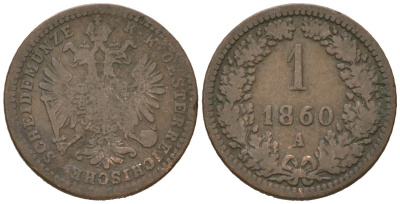 Австрия 1 крейцер 1860 A, Франц Иосиф I (1848-1916) KM 2186 медь 4615-553