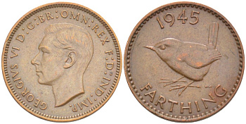 Великобритания 1 фартинг 1945 Георг VI (1936-1952) KM 843, Spink 4116 бронза 4543-1115