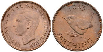 Великобритания 1 фартинг 1943 Георг VI (1936-1952) KM 843, Spink 4116 бронза 4594-126
