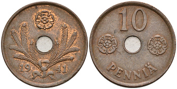 ФИНЛЯНДИЯ 10 ПЕННИ 1941 KM 33.1 медь 192-1069