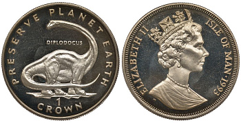 Остров Мэн 1 крона 1993 СЕРИЯ СОХРАНИМ ПЛАНЕТУ ЗЕМЛЯ, ДИНОЗАВР ДИПЛОДОКУС (DIPLODOCUS) KM 358 медно-никель UNC 1078-4-53