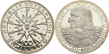 Австрия 100 шиллингов 1978 700 лет Битвы на Моравском поле (Дюрнкрут и Йеденшпайген) KM 2939 серебро PROOF 02-118-42