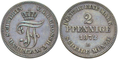 Мекленбург-Шверин 2 пфеннига 1872 В, Фридрих Франц II (1842-1883) KM 316 (С103), AKS 49, J.61 медь 206-265