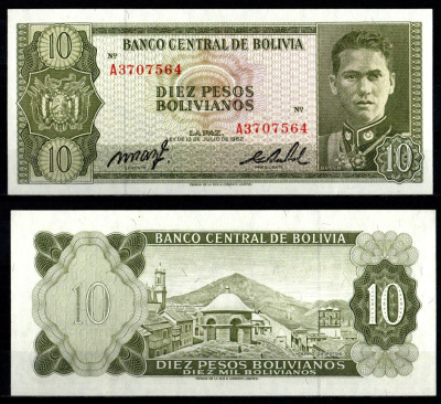 Боливия 10 песо 1962 Pick 154 a (17) бумага UNC (пресс) 6280-15-3-1
