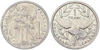 Французская Новая Каледония 1 франк 2002 птица кагу, (IEOM) KM 10, Schoen 10, Lec 52g алюминий 46-1337