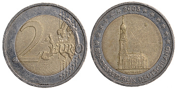 ФРГ 2 евро 2008 D, серия федеральные земли, церковь Св. Михаила в Гамбурге KM 261 биметалл 93-942