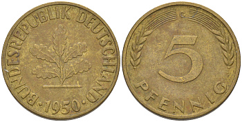 ФРГ 5 пфеннигов 1950 G KM 107, J. 382 сталь плакированная латунью 55-1252