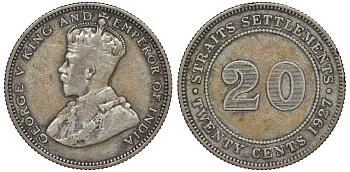 Стрейтс-Сетлментс 20 центов 1927 Георг V (1910-1936) КМ 30b серебро 53-753