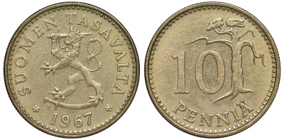 ФИНЛЯНДИЯ 10 ПЕННИ 1967 S KM 46 алюминиевая бронза 3334-1123