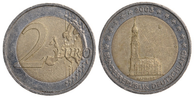 ФРГ 2 евро 2008 D, серия федеральные земли, церковь Св. Михаила в Гамбурге KM 261 биметалл 4681-627