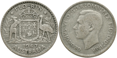 Австралия 1 флорин 1947 Георг VI (1937-1952), герб Австралии KM 40a серебро 1528-742