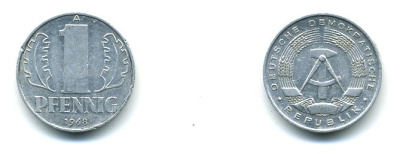 ГДР 1 ПФЕННИГ 1968 А KM 8.1 алюминий 59-1344