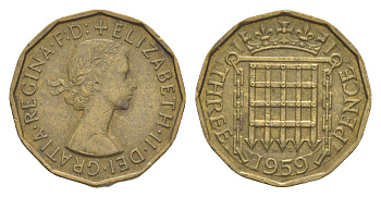 Великобритания 3 пенса 1959 Елизавета II (1952-2022) KM 900, Spink 4153 никель латунь 4571-813